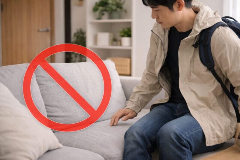 花粉を室内に持ち込みやすいNG行動を示す生活シーンのイメージ