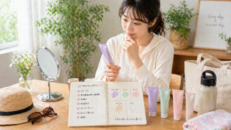 UV下地の色味や使い分けをノートで確認しながら選ぶ女性のイメージ