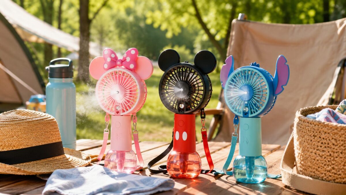 夏の外遊び用に置かれたディズニー風ミスト付きハンディファンと暑さ対策グッズ