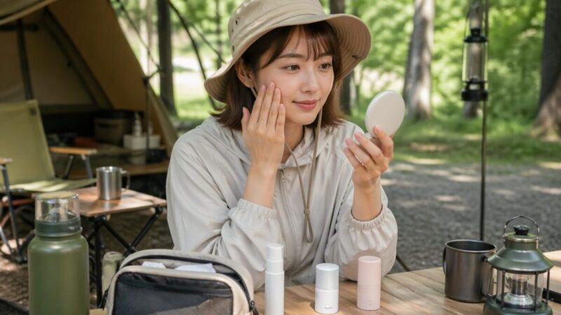 キャンプ場でメイクの上から使いやすい顔用日焼け止めの塗り直しアイテムを確認している様子