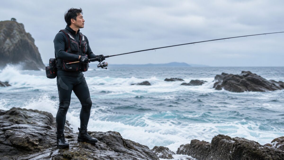 釣り用ウェットスーツとライフジャケットを着用して荒磯でロッドを構える男性アングラー