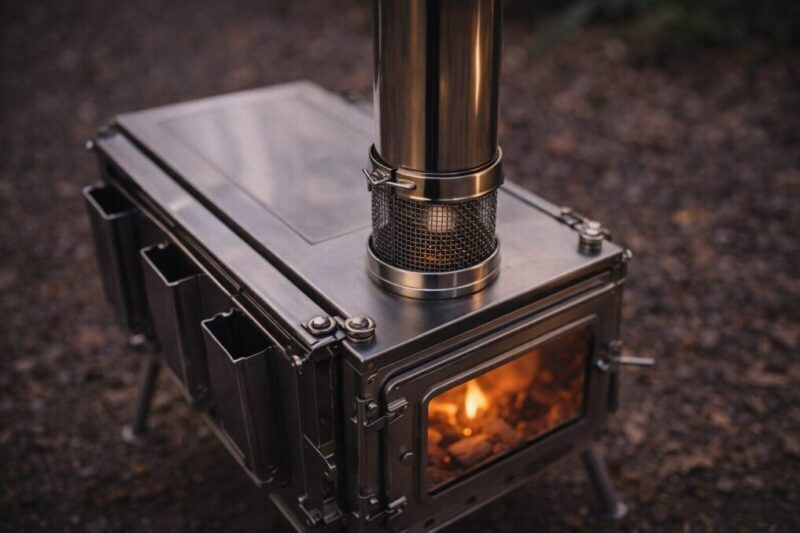 小型薪ストーブの天板でケトルを温めながら、暖房と湯沸かしを両立しているイメージ