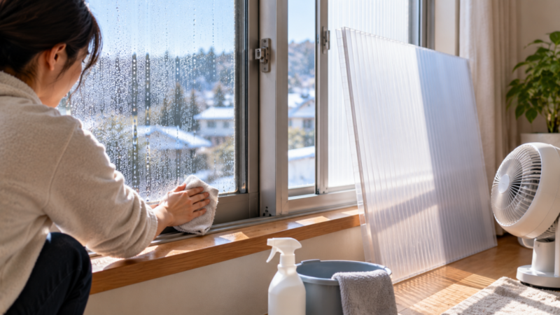 プラダンを外して窓の結露水を拭き取り換気している様子