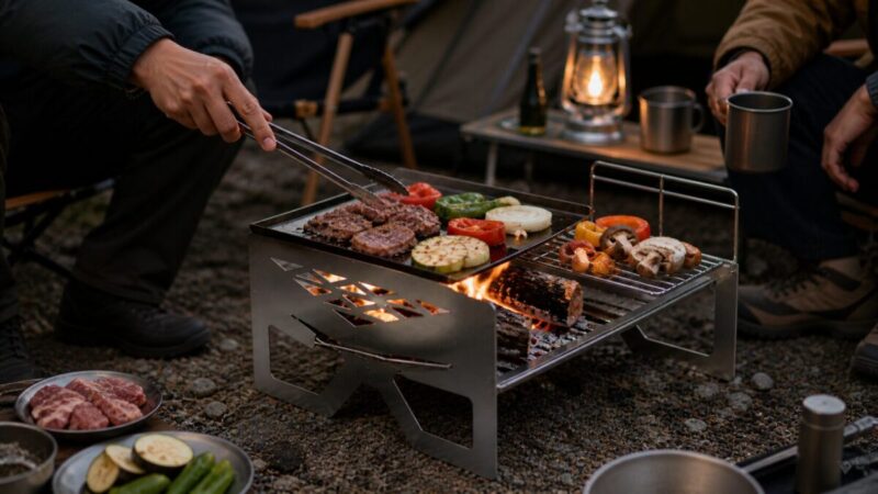 焚き火台を使って少人数でBBQを楽しむキャンプシーン