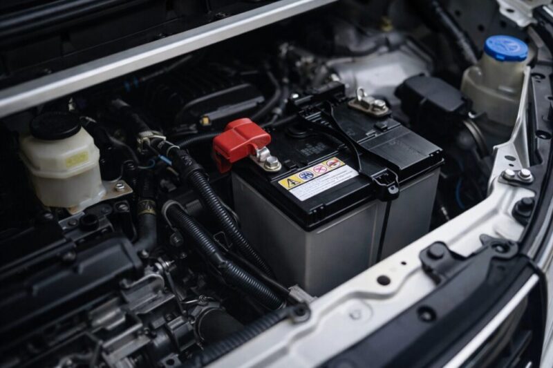 車中泊で電装系やバッテリー負担を考えるためのエンジンルーム写真。