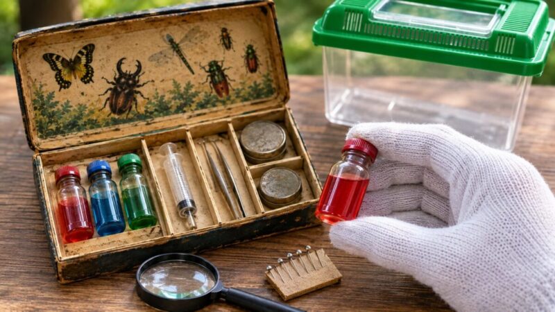 昭和の昆虫採集セットに入っていた赤と緑の小瓶を開封せず確認する様子