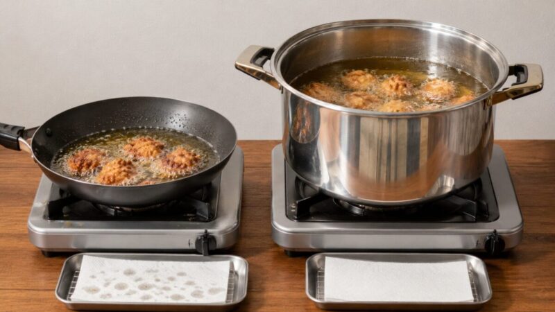 揚げ物に使うフライパンと深鍋の違いを比較している様子