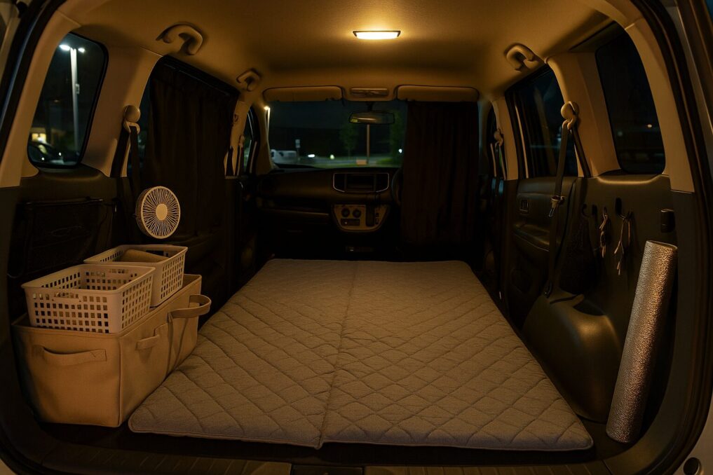 夜の車内で、目隠しと収納を整えて寝床を作った車中泊の様子