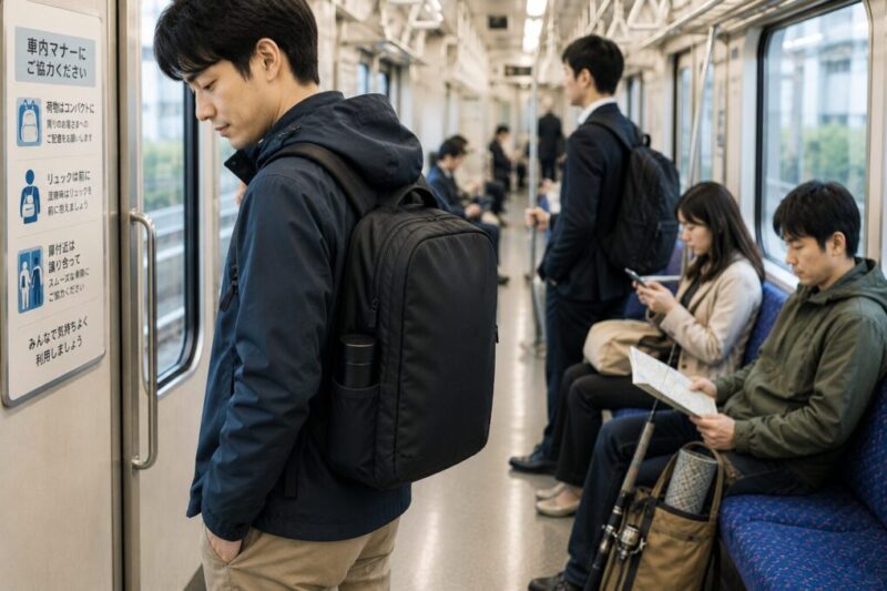 電車内で外遊びに使いやすいサイズのリュックを背負って移動する人物