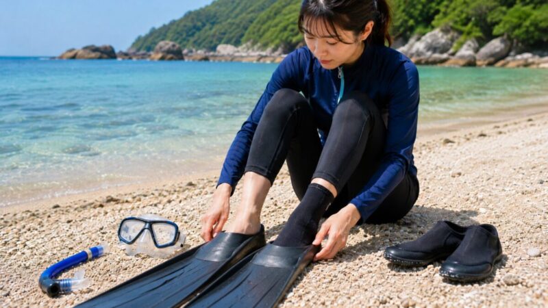 素足とフィンソックスを履いた足でフルフットフィンを比較する女性
