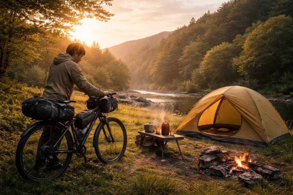 川沿いのキャンプ地で、自転車に積載した荷物を整えながらソロキャンプの準備をする様子