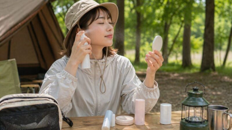 キャンプ場で顔用UVスプレーを使いながら日焼け止めを塗り直している様子
