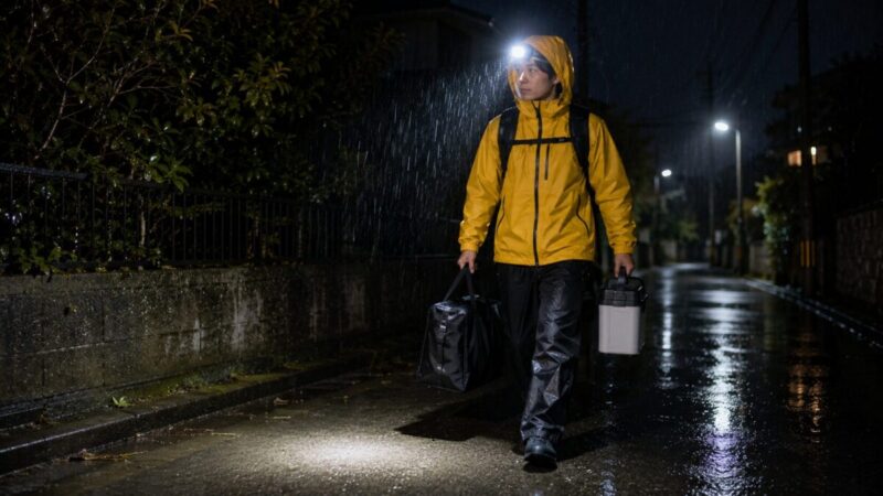 ライト付きレインスーツで夜間の雨道を照らしながら荷物を持って移動する様子