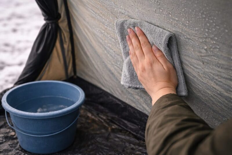 結露で濡れたテント壁をクロスで押さえて水分を吸い取り、バケツに水を受けながら手早く拭き取っている様子