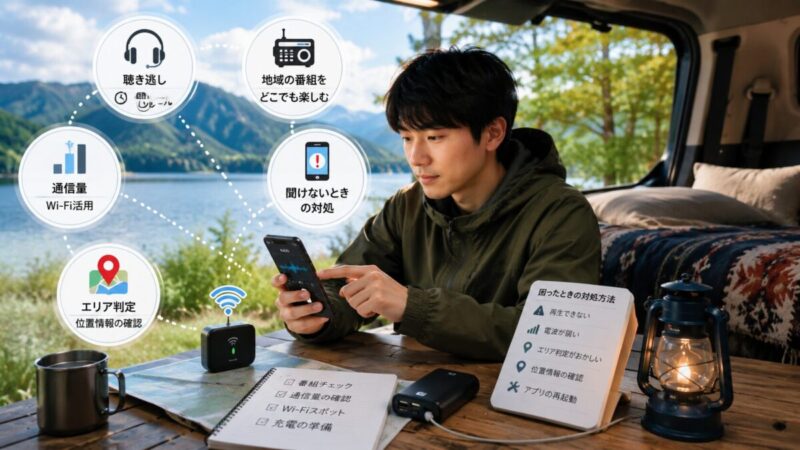 湖畔で車中泊をする男性が、スマホ、モバイルWi-Fi、モバイルバッテリーを使ってラジオの通信環境を確認している様子。