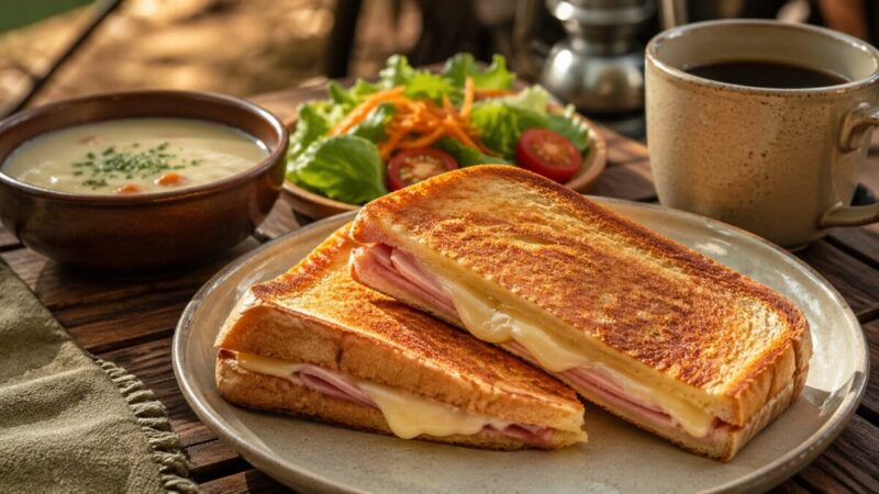 ハムとチーズを挟んだホットサンドをスープやサラダと楽しむ朝食イメージ