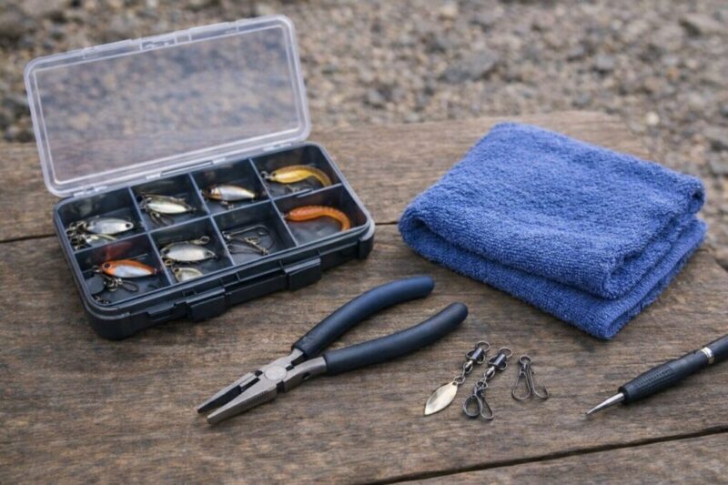 スピナー釣りに一緒に持っていきたい収納ケースと小物のセット