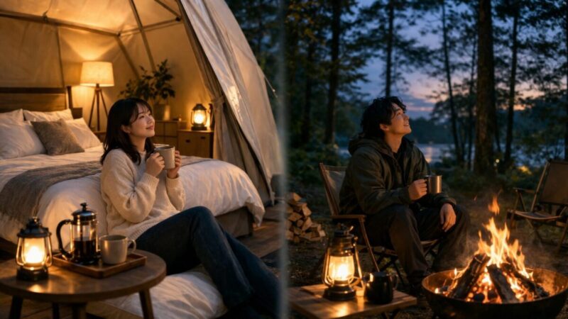 快適さと自然体験の期待の違いを表したグランピングの比較イメージ