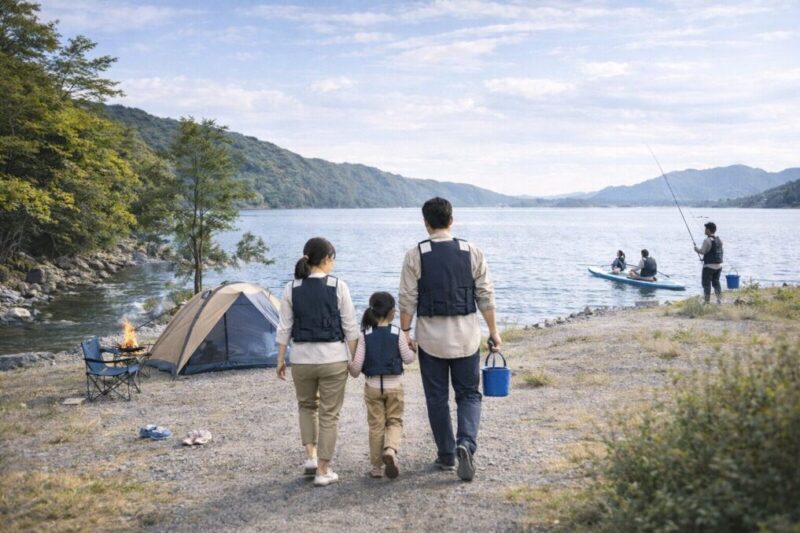 湖畔キャンプを中心に、釣りやSUPなど水辺の外遊びでライフジャケットを活用する様子を描いたイメージ