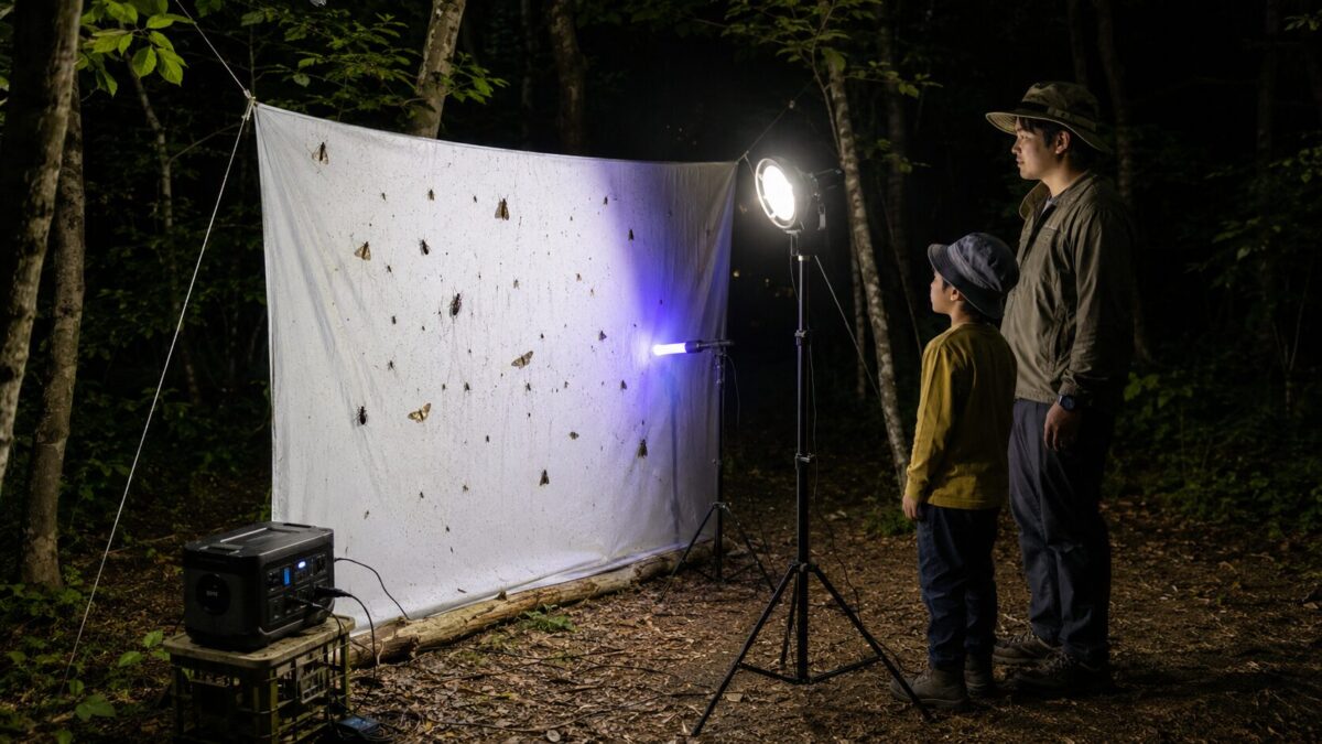 昆虫採集用ライトトラップの白布とLED投光