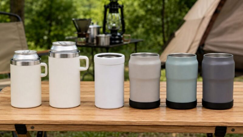 取っ手付きの350ml用と500ml用、白やモカ、くすみカラーの保冷缶ホルダーを形状別に比較した様子