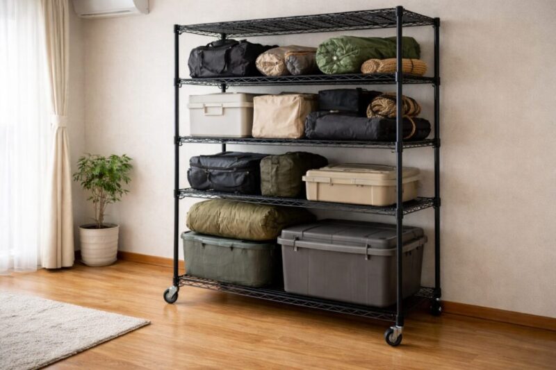 チールラックに重いケースは下、軽い小物は上に置き、キャスターで動かしやすくした収納の様子