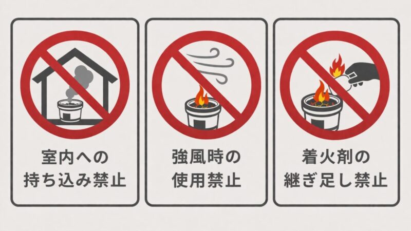 七輪でやってはいけない使い方を示す注意喚起イメージ