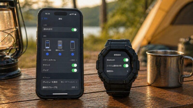 キャンプ場のテーブルでスマホとスマートウォッチの通知設定を確認するイメージ