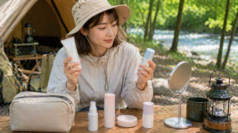 キャンプ場で朝用と外出先用の日焼け止めを見比べて使い分けを確認している様子
