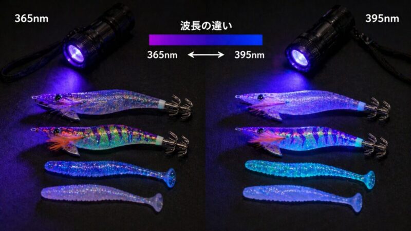 波長の異なるUVライトでエギやワームを照らし、見え方の違いを比較したイメージ