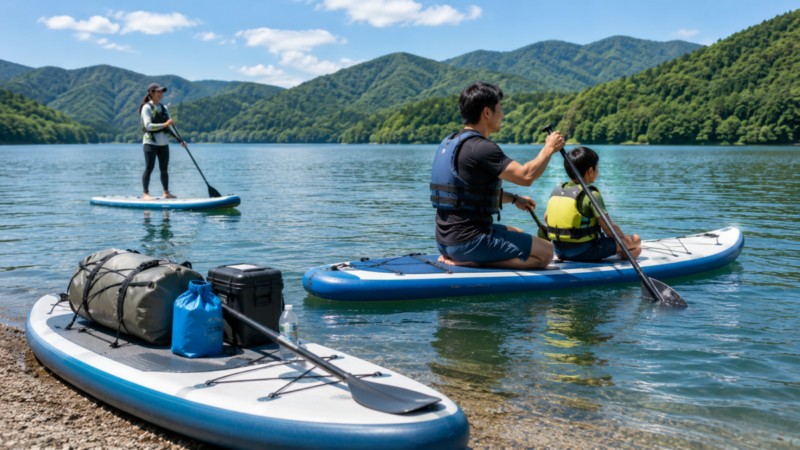 荷物を積んだSUPと大人と子どもが二人で乗るSUPの様子
