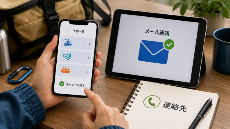 予約一覧とメール通知、連絡先からアクティビティのキャンセル完了を確認するイメージ