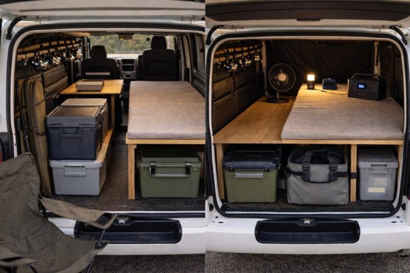 日帰り釣行仕様と車中泊仕様の装備の違いを示す比較イメージ