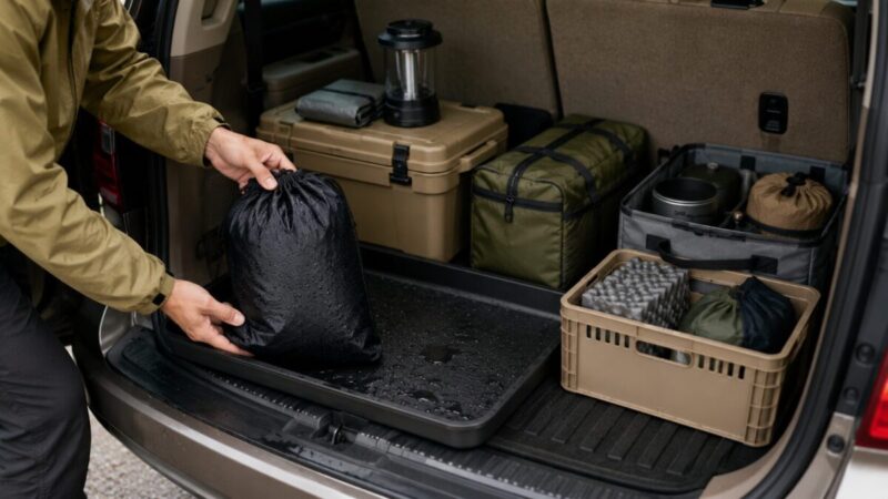 車の荷室で、濡れたレインウェアを入れた収納袋を防水トレーに分けて置いている様子。
