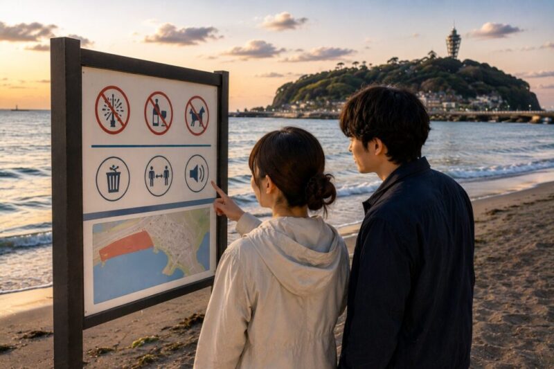 江ノ島を望む海岸で、利用案内を確認する大人2人