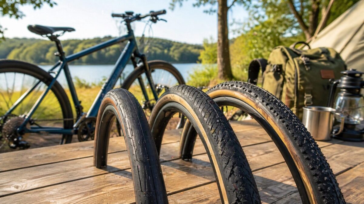 湖畔のキャンプサイトで自転車タイヤを比較しているイメージ。