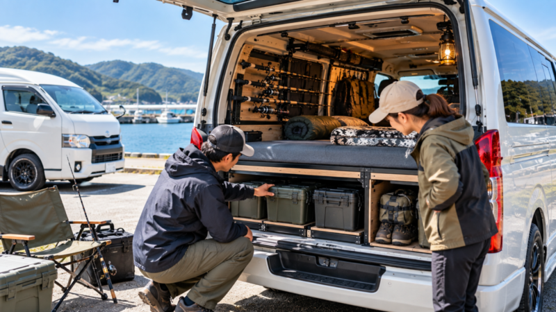 ハイエース風バンのベッドや収納を確認する釣りキャンプ仕様の車内