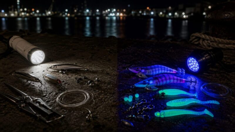 夜の釣り場で白色ライトとUVライトを使い分けながら、ルアーや小物の見え方を比較しているイメージ