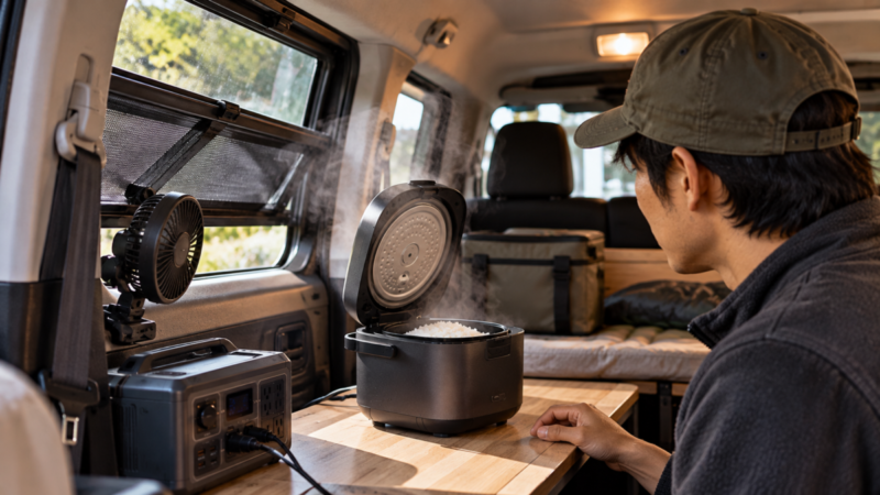 車中泊で窓を開けて換気しながら炊飯器を安全に使う様子