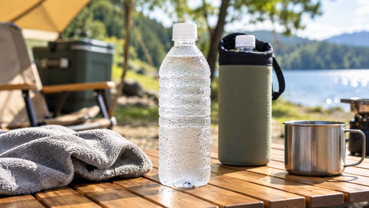 結露で水滴が付いたペットボトルと保冷カバーやタオルを並べたキャンプでの水滴対策
