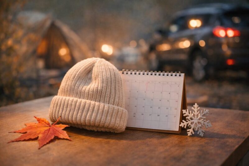 ニット帽と卓上カレンダーを並べ、秋から冬の季節の移り変わりを感じさせるイメージ