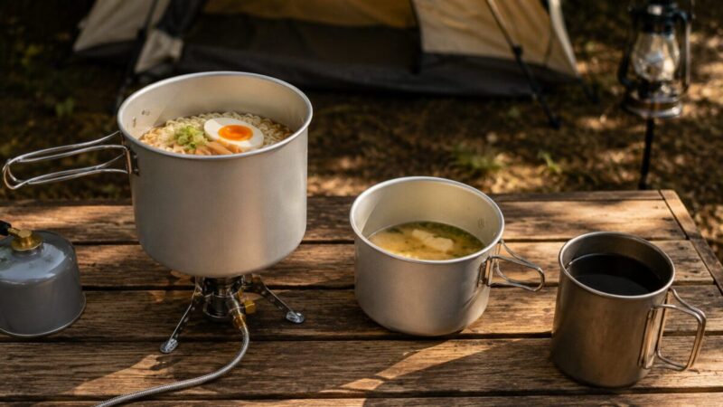 900mlクッカーと550mlクッカーを組み合わせてラーメンと飲み物を用意するキャンプ飯イメージ