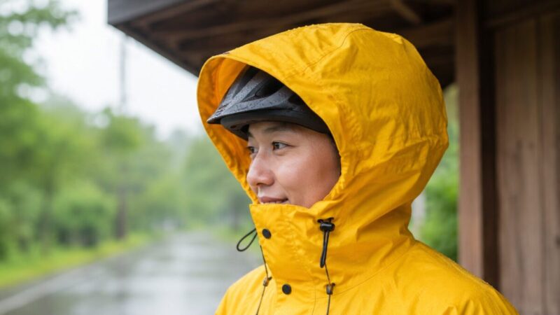 雨の中でフード付きレインウェアを着用し、防水性やフードの使いやすさを確認する様子