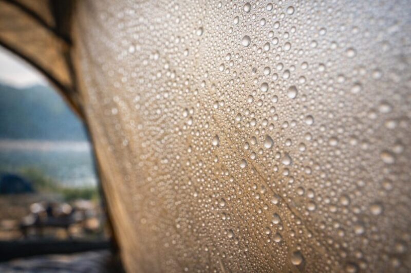 テント内壁に水滴が付着して結露が起きている状態のアップ