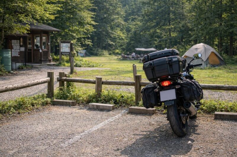 受付付近でルールを確認しつつ、停めやすい場所にバイクを駐輪する様子