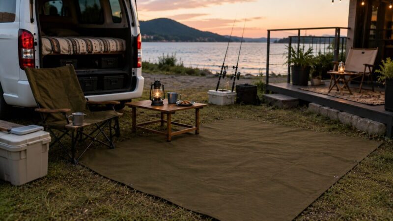 湖畔の車中泊サイトで、帆布シートの上にチェアとテーブルを置き、釣り竿やランタンをそばに並べた夕暮れの様子