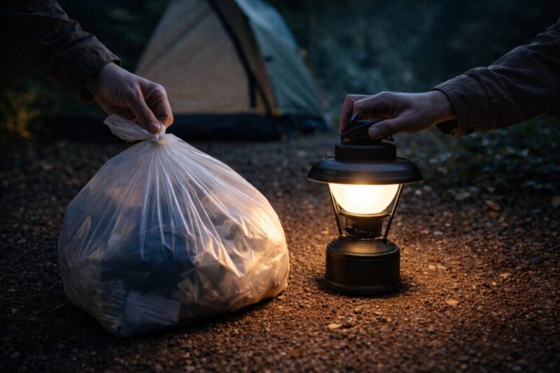 夜のキャンプサイトでライトを下向きにし、ゴミ袋をまとめて静かに片付けている手元の様子