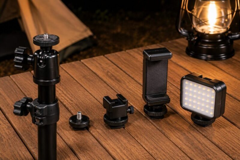 ライトスタンドに取り付けるネジアダプターとスマホホルダーとLEDライトを並べた様子
