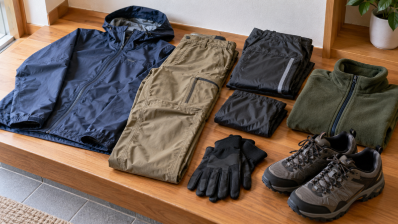 防災服として使える長袖や長ズボン、雨具、手袋、靴を並べた様子