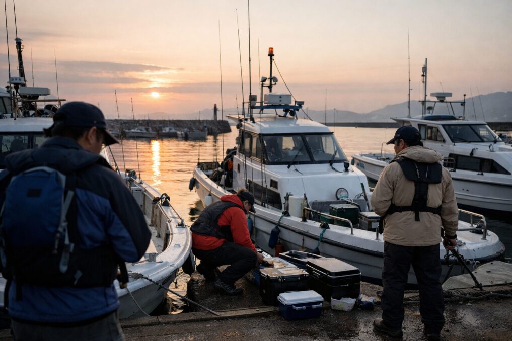 早朝の港で遊漁船に乗る前の釣り人たちが準備している船釣りブログ向けメインビジュアル